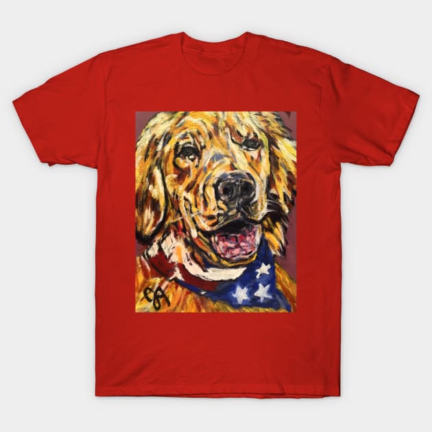 golden retriever dog with flag bandana T-Shirt by Jeneralarts